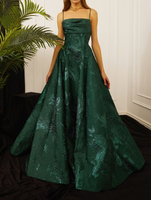 Long Spaghetti Straps A-Line Green Formal Prom Dresses, Long Formal Prom Dresses