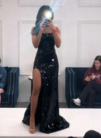 Long Spaghetti Straps Mermaid Slit Formal Prom Dresses, Long Formal Prom Dresses