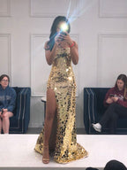 Long Spaghetti Straps Mermaid Slit Formal Prom Dresses, Long Formal Prom Dresses