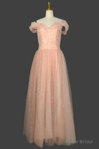 Long Straps A-line Prom Dresses Tulle Off Shoulder Evening Dresses