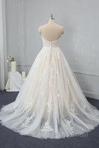 Long Sweetheart Backless Appliques Lace Tulle A-Line Wedding Dress