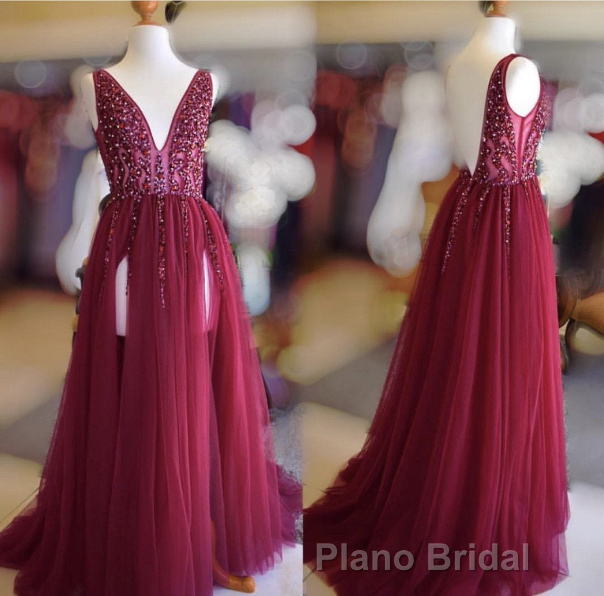 Long Tulle V-neck Formal Prom Dresses Sequin Beaded Evening Gowns Secondary image