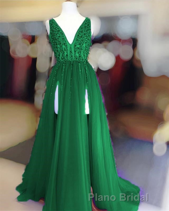 Long Tulle V-neck Formal Prom Dresses Sequin Beaded Evening Gowns