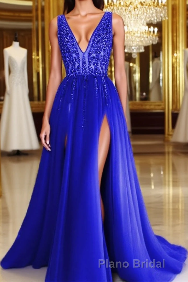 Long Tulle V-neck Formal Prom Dresses Sequin Beaded Evening Gowns Main image