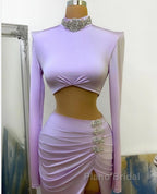 Long Two Piece Mermaid High Neck Split Formal Prom Dress with Sleeves