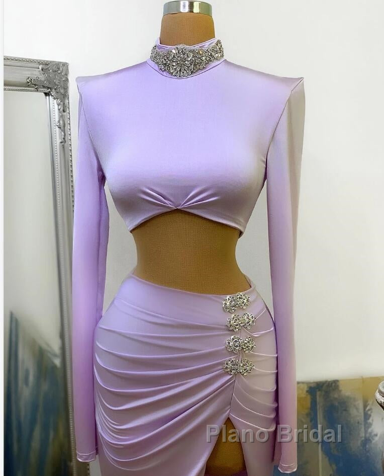 Long Two Piece Mermaid High Neck Split Formal Prom Dress with Sleeves