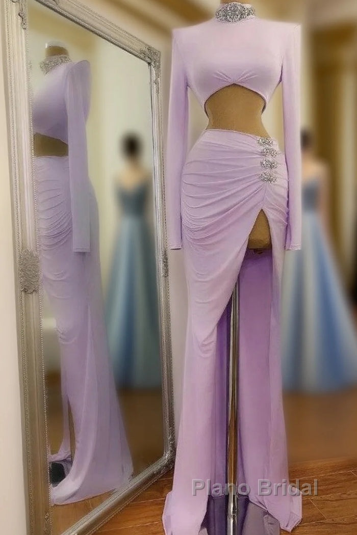 Long Two Piece Mermaid High Neck Split Formal Prom Dress with Sleeves