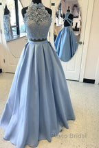 Long Two Piece Formal Prom Dresses Lace High Neck Open Back