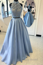 Long Two Piece Formal Prom Dresses Lace High Neck Open Back