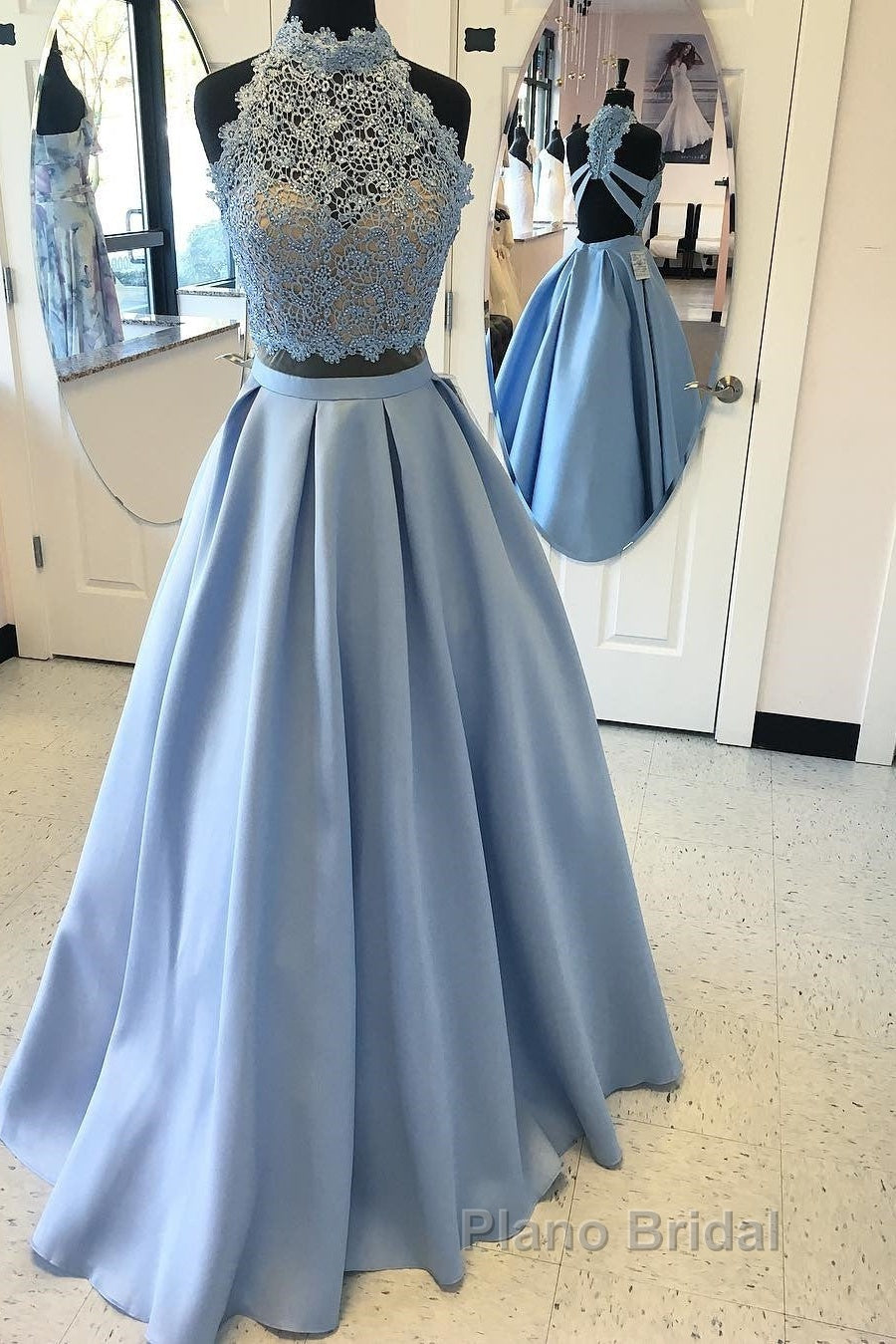 Long Two Piece Formal Prom Dresses Lace High Neck Open Back