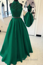 Long Two Piece Formal Prom Dresses Lace High Neck Open Back