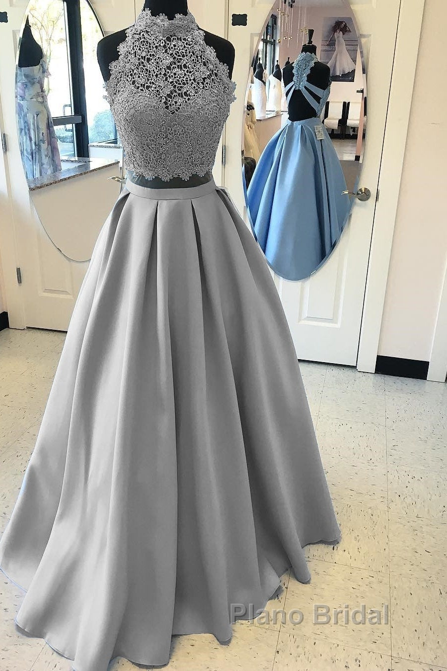 Long Two Piece Formal Prom Dresses Lace High Neck Open Back