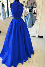 Long Two Piece Formal Prom Dresses Lace High Neck Open Back
