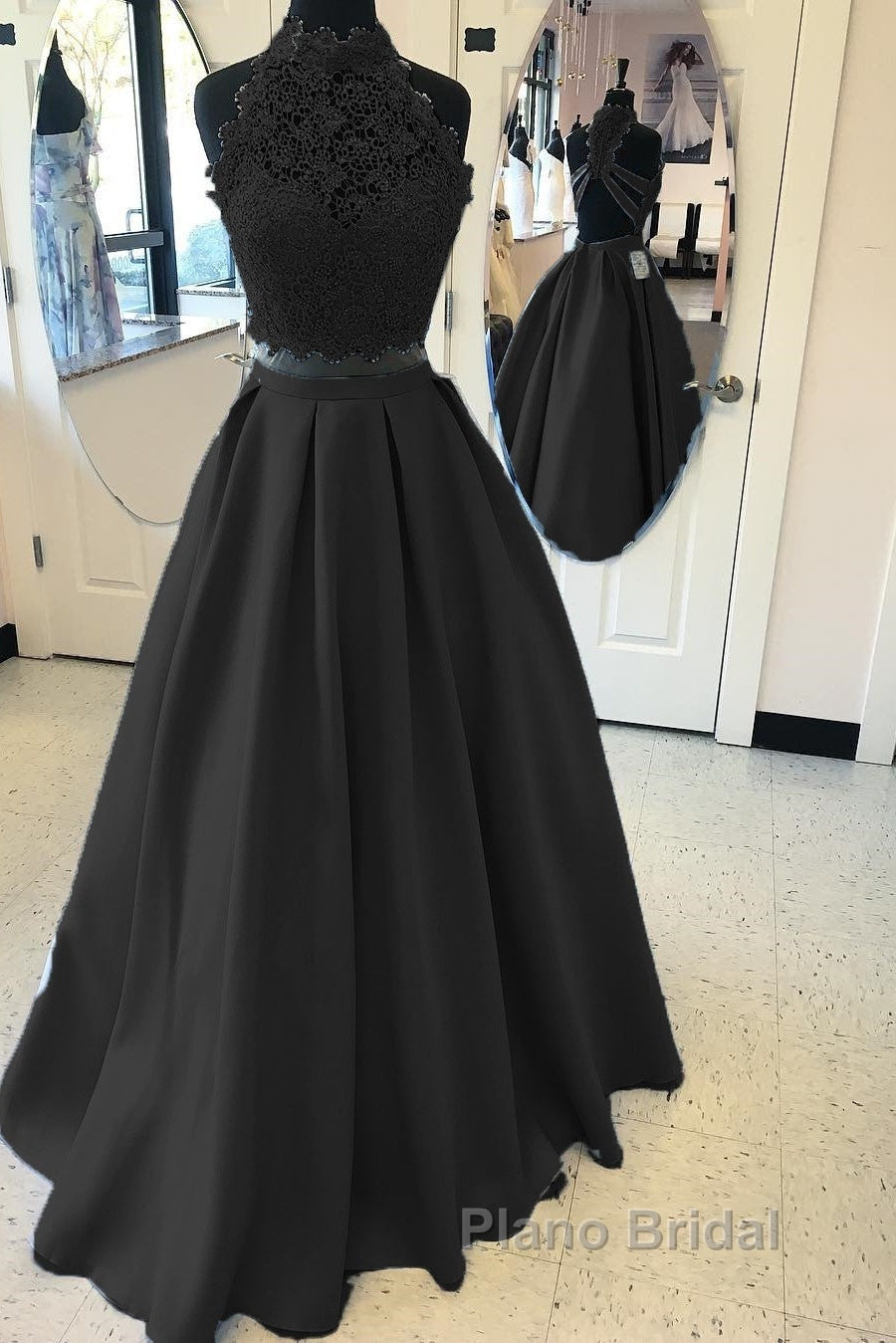 Long Two Piece Formal Prom Dresses Lace High Neck Open Back