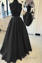 Long Two Piece Formal Prom Dresses Lace High Neck Open Back