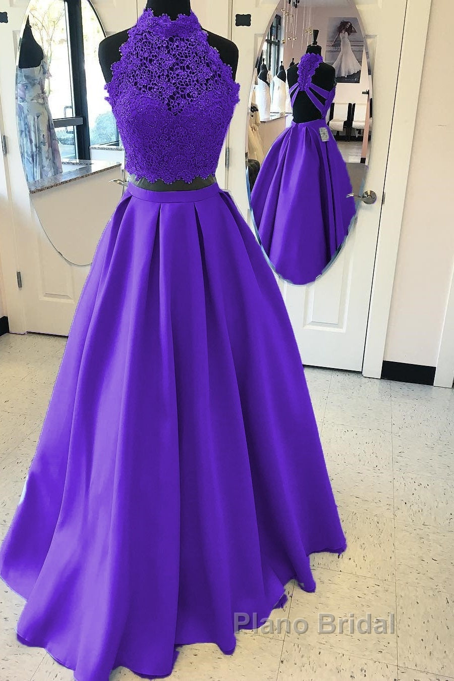 Long Two Piece Formal Prom Dresses Lace High Neck Open Back