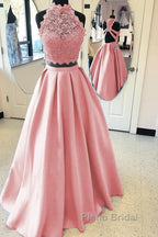 Long Two Piece Formal Prom Dresses Lace High Neck Open Back