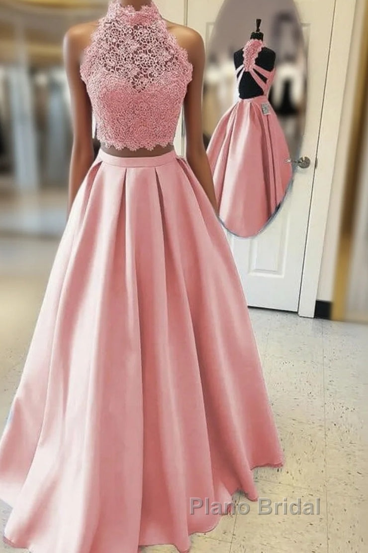 Long Two Piece Formal Prom Dresses Lace High Neck Open Back Main image