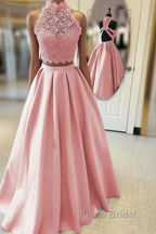 Long Two Piece Formal Prom Dresses Lace High Neck Open Back