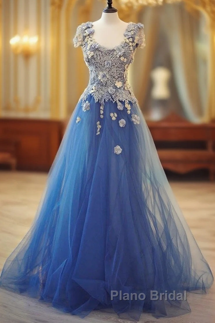 Long Unique Lace Applique Tulle Blue Formal Prom Dresses
