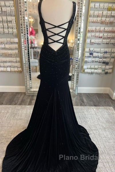 Long Velvet Black Formal Prom Dresses Straps Crystals V Neck Formal Dresses Gowns