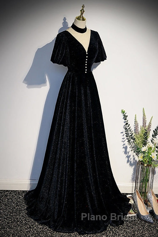 Long Velvet V-Neckline Floor Length Formal Prom Dresses, Black Evening Wedding Party Dresses Secondary image