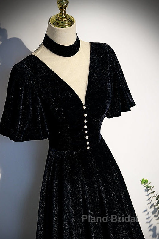 Long Velvet V-Neckline Floor Length Formal Prom Dresses, Black Evening Wedding Party Dresses