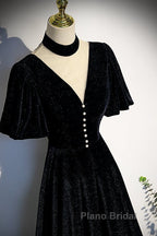 Long Velvet V-Neckline Floor Length Formal Prom Dresses, Black Evening Wedding Party Dresses