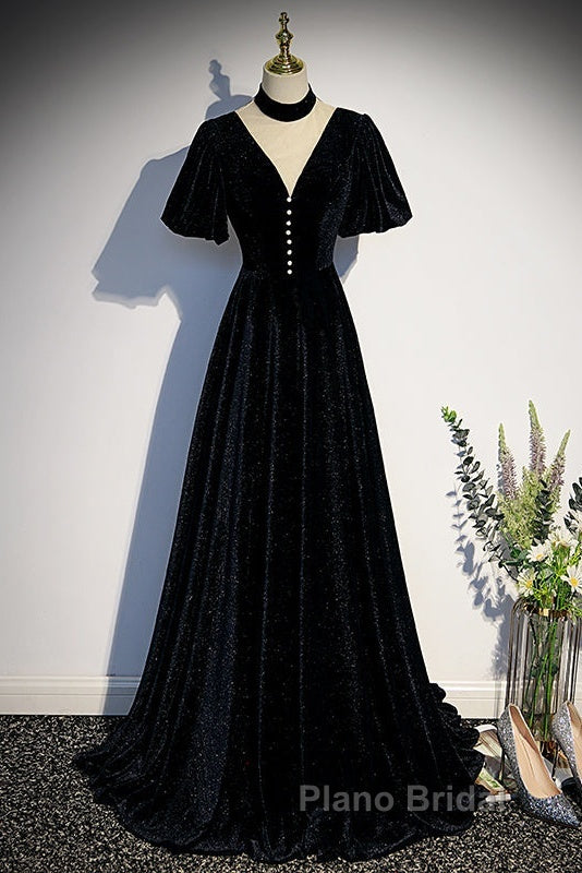 Long Velvet V-Neckline Floor Length Formal Prom Dresses, Black Evening Wedding Party Dresses