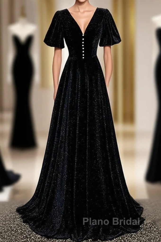 Long Velvet V-Neckline Floor Length Formal Prom Dresses, Black Evening Wedding Party Dresses Main image