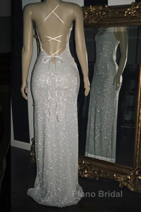 Long White Sequin Formal Prom Dresses Cross Back Halter Evening Gown Secondary image