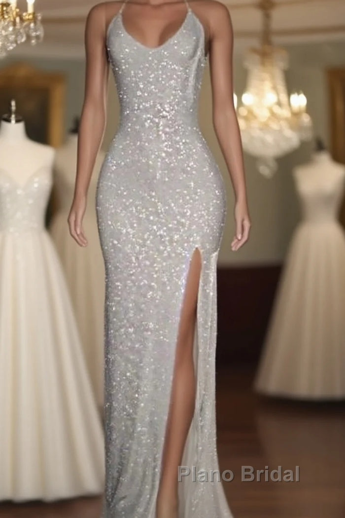 Long White Sequin Formal Prom Dresses Cross Back Halter Evening Gown Main image