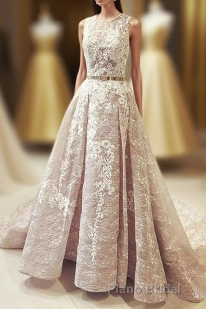 Gorgeous Round Neck Sleeveless Lace Formal Prom Dresses Sweep Train with Appliques Main image