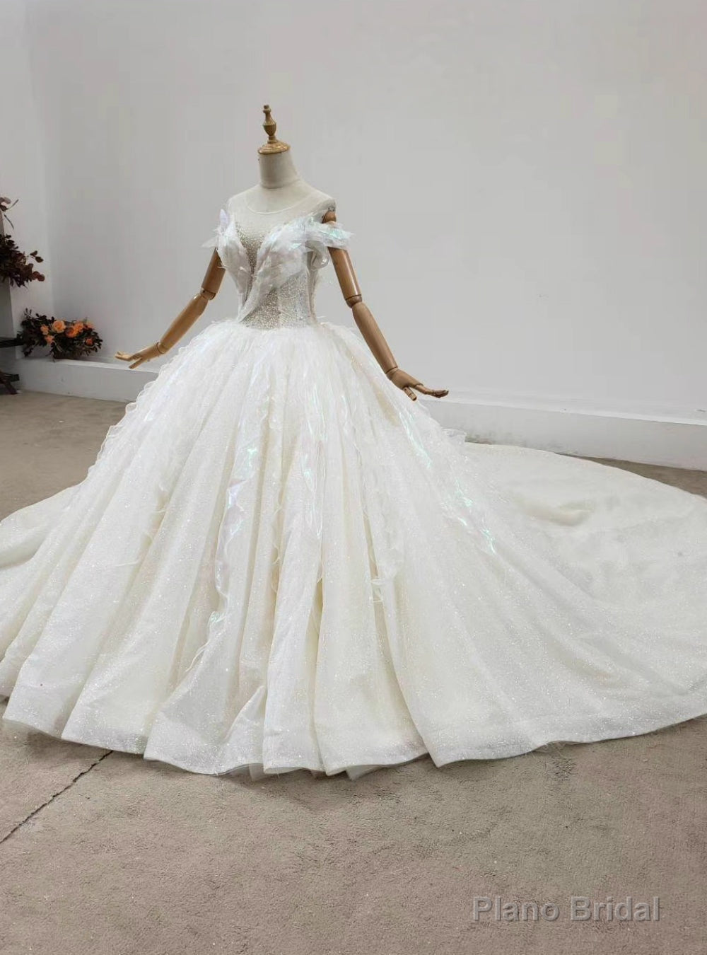 Looking For Cute And Stylish Luxury Champagne Tulle Backless Beading Wedding Dress With Train Main image