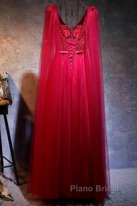 Love Pearl Beaded V Neck Long Burgundy Evening Dresses