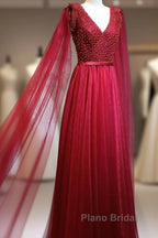 Love Pearl Beaded V Neck Long Burgundy Evening Dresses