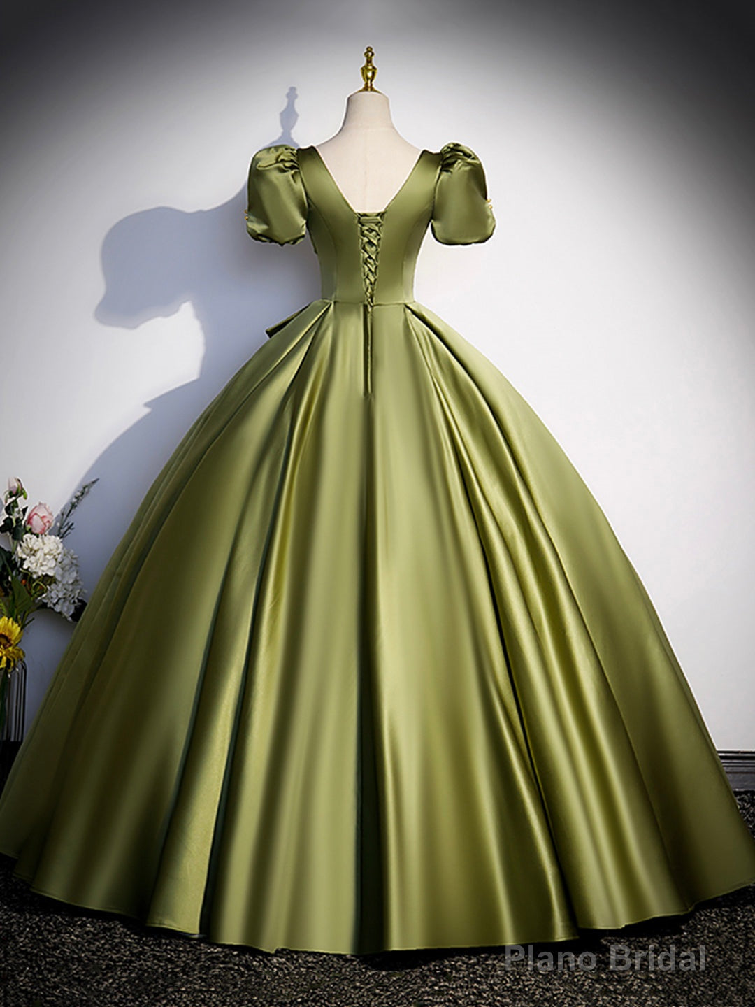 Green Satin Short Sleeve Floor Length Formal Dress, Green A-Line Prom Dress