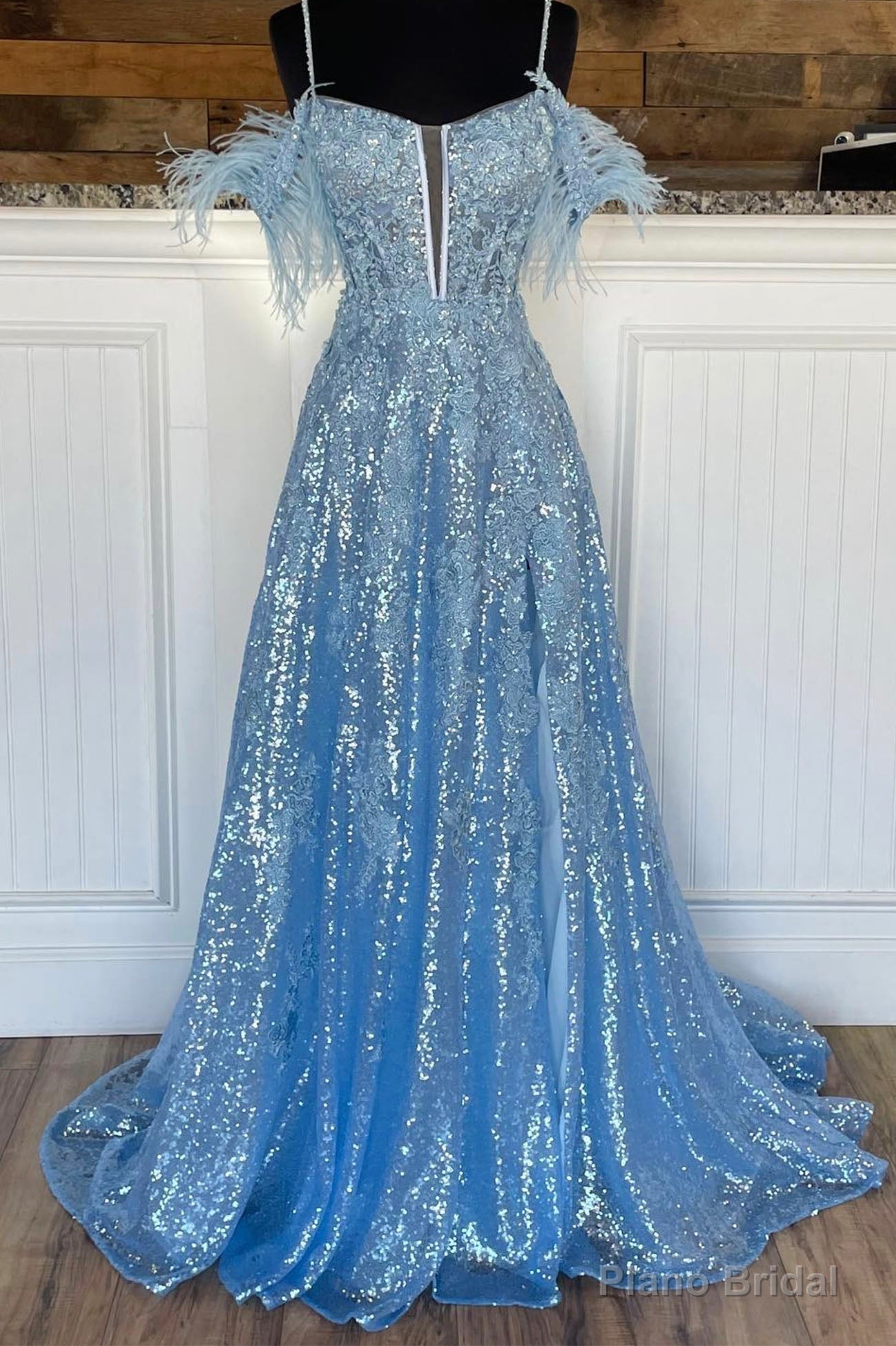 Blue Spaghetti Strap Sequined Lace Prom Dress, Blue Lace-Up Evening Dress Main image