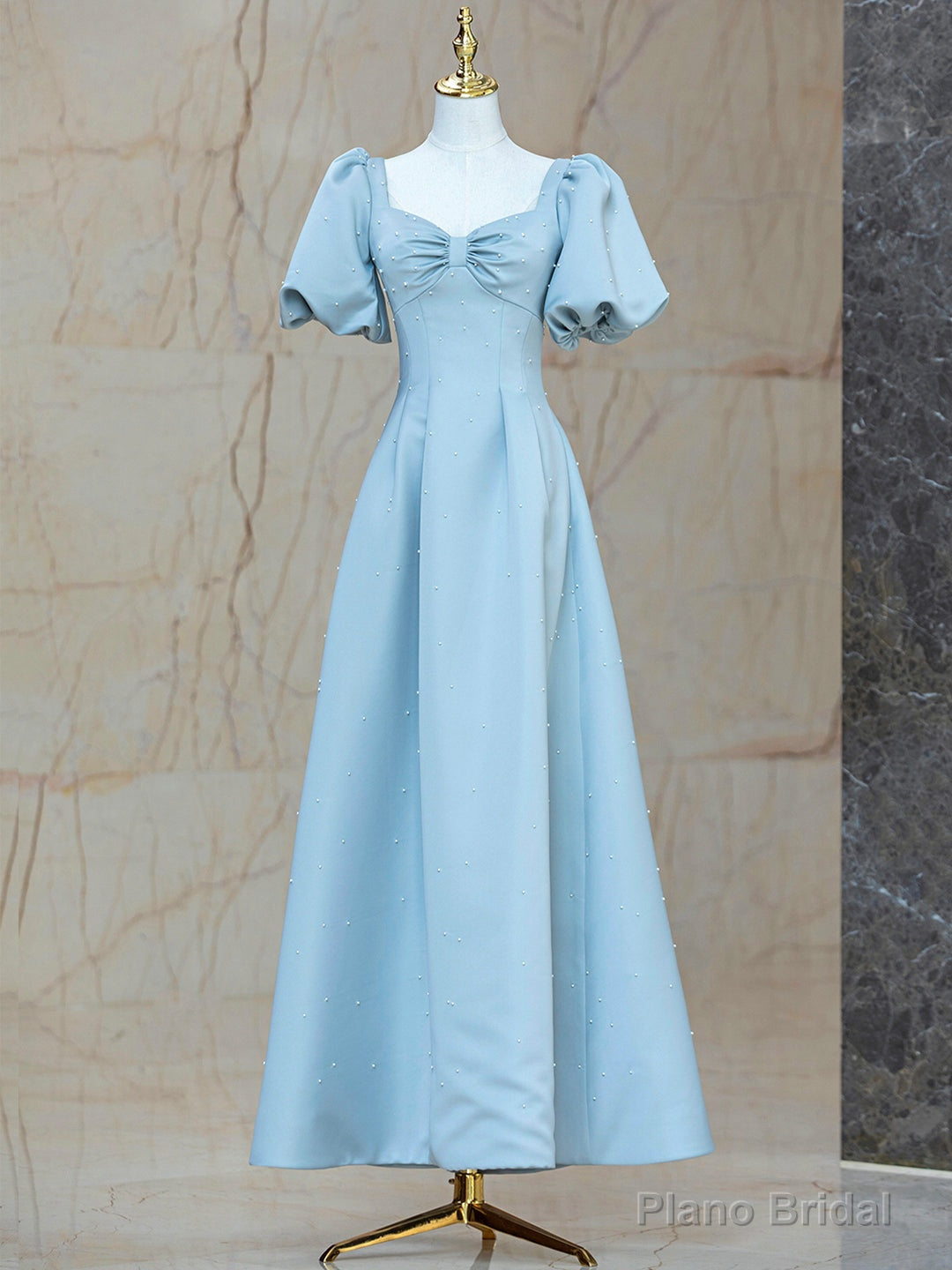 Blue Satin Pearl Long Prom Dress, A-Line Blue Evening Party Dress Main image