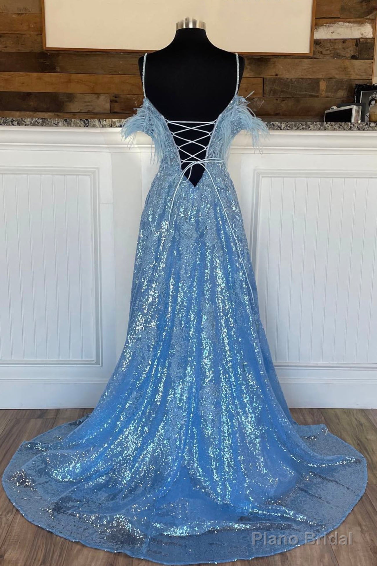 Blue Spaghetti Strap Sequined Lace Prom Dress, Blue Lace-Up Evening Dress Secondary image