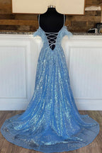 Blue Spaghetti Strap Sequined Lace Prom Dress, Blue Lace-Up Evening Dress