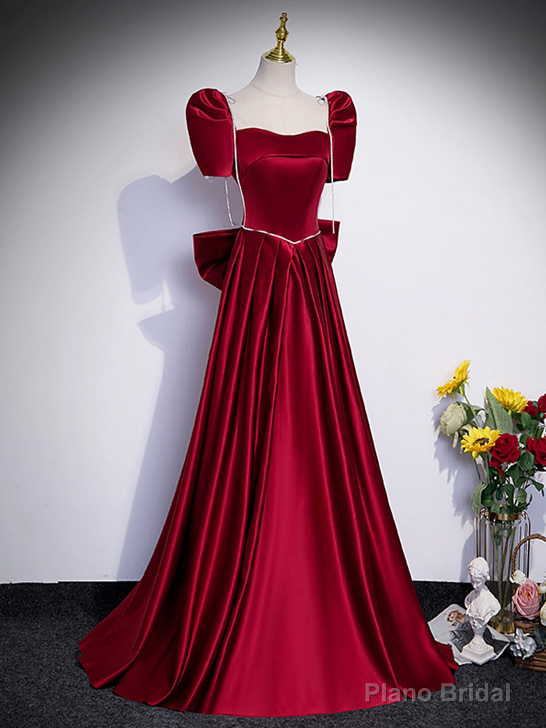 Beautiful Satin Floor Length Prom Dress with Bowknot, Burgundy Short Sleeve Evening Dress Secondary image