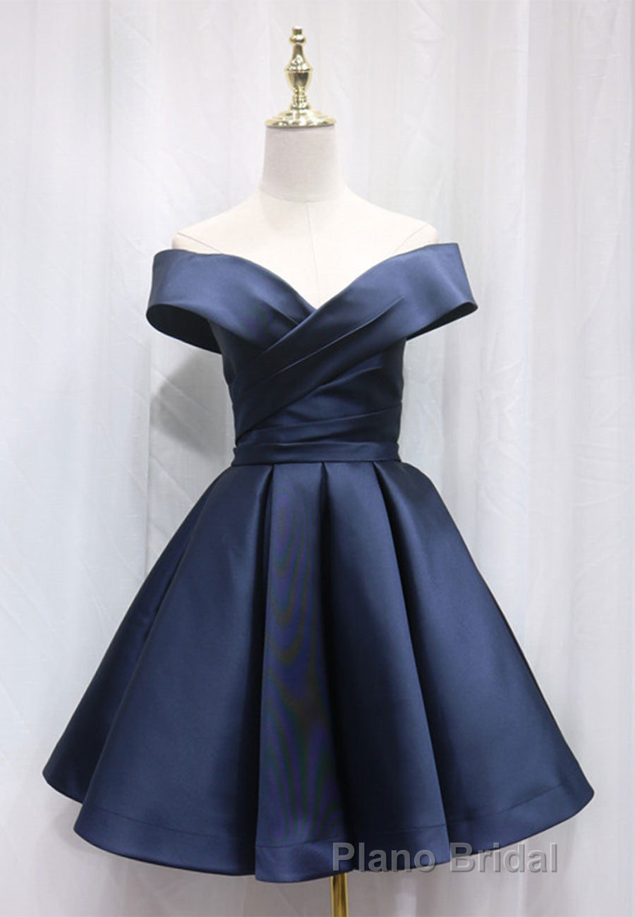 A-Line Satin Off the Shoulder Short Formal Prom Dresses, Mini Evening Party Dresses Secondary image