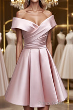 A-Line Satin Off the Shoulder Short Formal Prom Dresses, Mini Evening Party Dresses