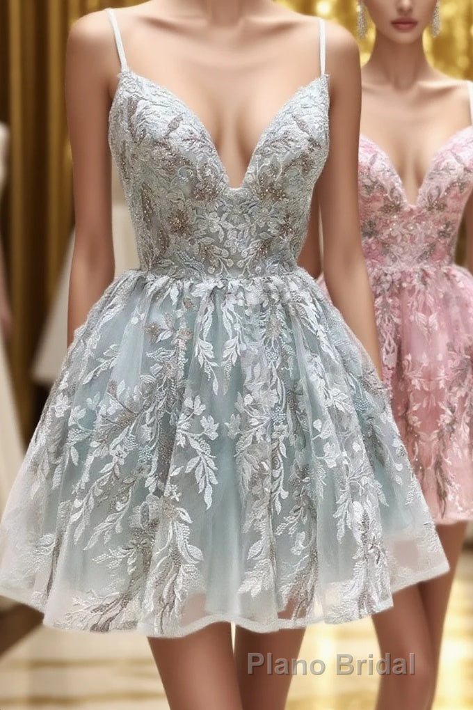 Cute V-Neck Lace Short Formal Prom Dresses, A-Line Homecoming Dresses Main image