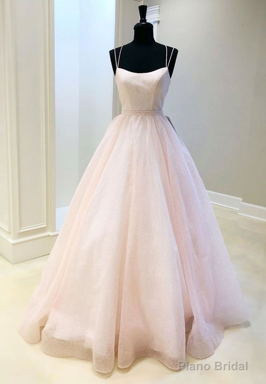 Pink Tulle Long A-Line Prom Dresses, Pink Formal Graduation Dresses Main image