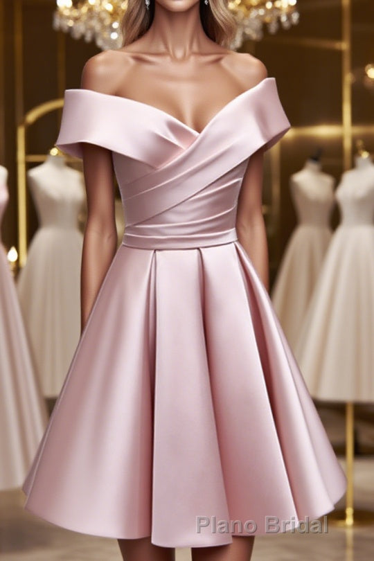 A-Line Satin Off the Shoulder Short Formal Prom Dresses, Mini Evening Party Dresses Main image