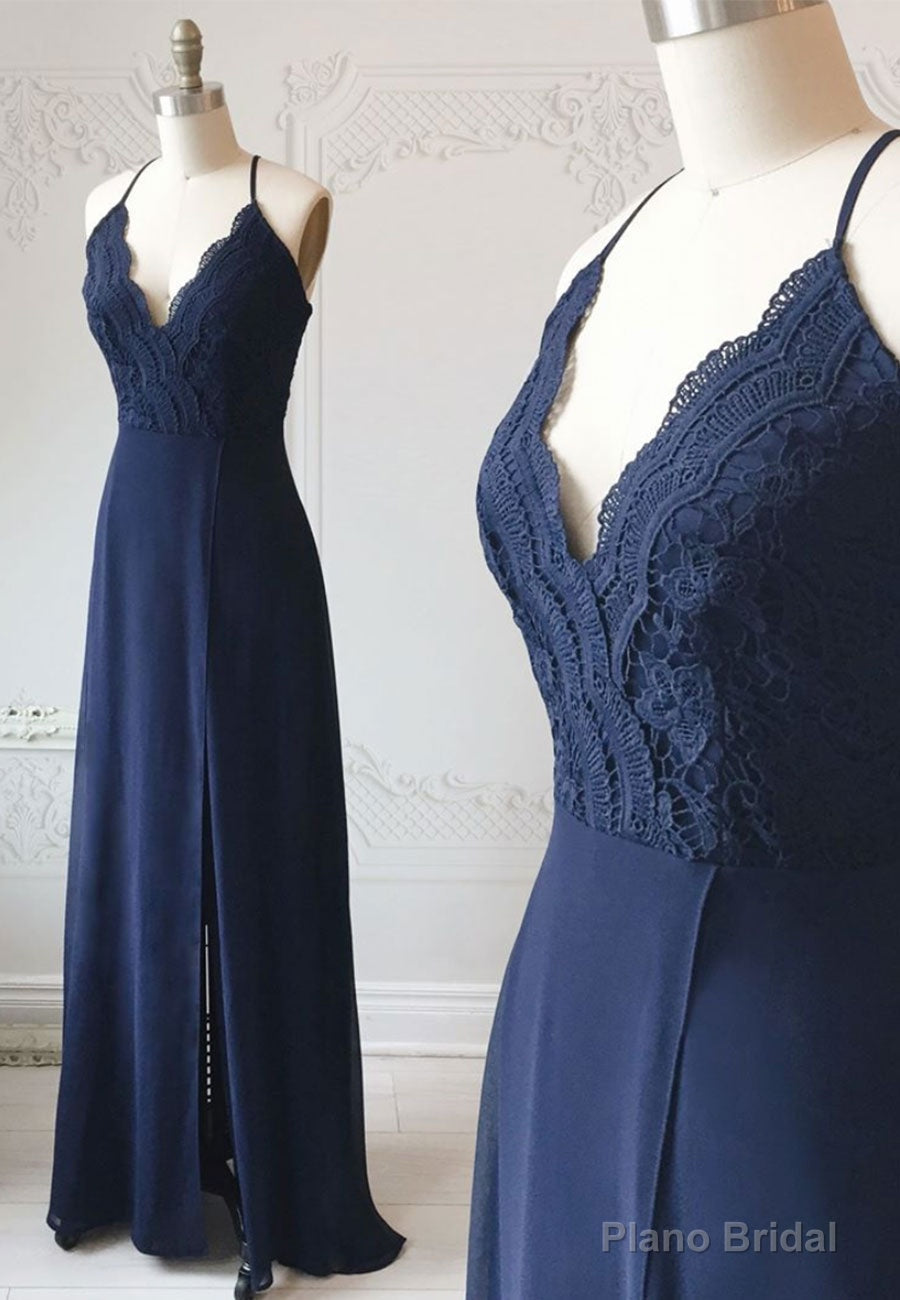 Blue Chiffon Lace Long Prom Dress, Blue A-Line Evening Dress Main image