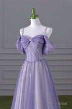 Lovely A-line Light Purple Tulle Beaded Long Party Dress, Light Purple Prom Dress