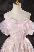 Lovely A-Line Off the Shoulder Sequins Prom Dress, Pink Tulle Corset Floor Length Evening Dress